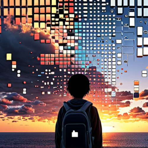 **

A slightly anxious person staring at a fading digital sunset, represented by pixelated data dissolving into the horizon. Various storage devices (hard drives, USB drives, cloud icons) are scattered around, some broken and failing. The overall mood is slightly melancholic but also hints at proactive measures being taken. Japanese text overlay: 「デジタル日没：消えゆく記憶」

**