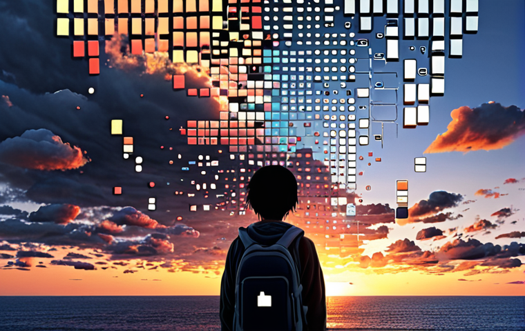 **

A slightly anxious person staring at a fading digital sunset, represented by pixelated data dissolving into the horizon. Various storage devices (hard drives, USB drives, cloud icons) are scattered around, some broken and failing. The overall mood is slightly melancholic but also hints at proactive measures being taken. Japanese text overlay: 「デジタル日没：消えゆく記憶」

**
