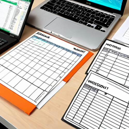 **Digital Legacy Organization:** A well-organized desk with a laptop displaying a digital account inventory spreadsheet (like Excel), surrounded by neatly labeled physical file folders and a partially filled-out "Ending Note" document. Clean, bright, and organized aesthetic. Focus on conveying order and preparation.