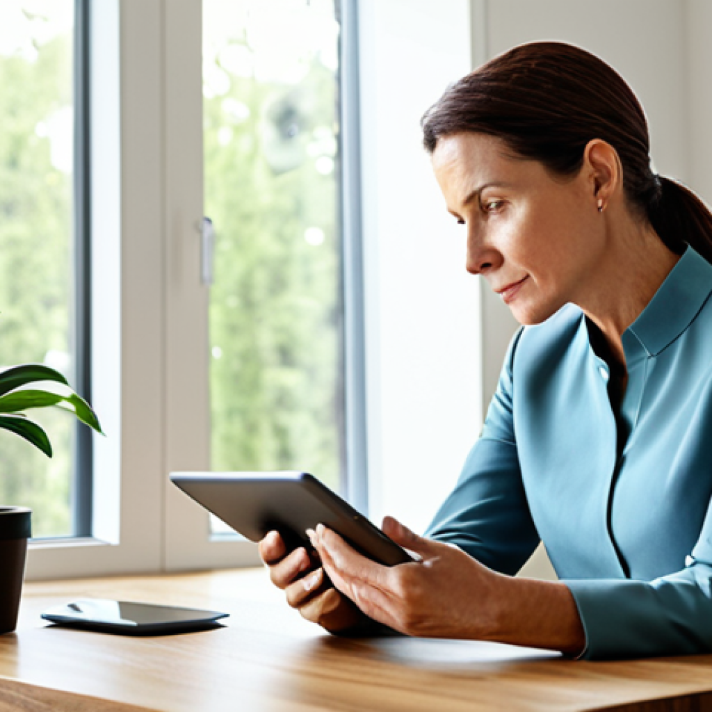 A thoughtful professional woman in her 40s, dressed in a modest, elegant business casual outfit. She is seated at a sleek, minimalist wooden desk, looking contemplatively at a tablet displaying a clean digital interface for data organization. Her expression conveys a sense of calm and responsibility. The background is a bright, modern home office with natural light filtering through a large window, showing subtle greenery outside. The space is tidy and professional, with a single potted plant on the desk. Professional photography, high resolution, realistic, perfect anatomy, correct proportions, natural pose, well-formed hands, proper finger count, natural body proportions, fully clothed, modest clothing, appropriate attire, professional dress, safe for work, appropriate content, professional.