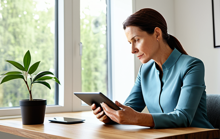 A thoughtful professional woman in her 40s, dressed in a modest, elegant business casual outfit. She is seated at a sleek, minimalist wooden desk, looking contemplatively at a tablet displaying a clean digital interface for data organization. Her expression conveys a sense of calm and responsibility. The background is a bright, modern home office with natural light filtering through a large window, showing subtle greenery outside. The space is tidy and professional, with a single potted plant on the desk. Professional photography, high resolution, realistic, perfect anatomy, correct proportions, natural pose, well-formed hands, proper finger count, natural body proportions, fully clothed, modest clothing, appropriate attire, professional dress, safe for work, appropriate content, professional.
