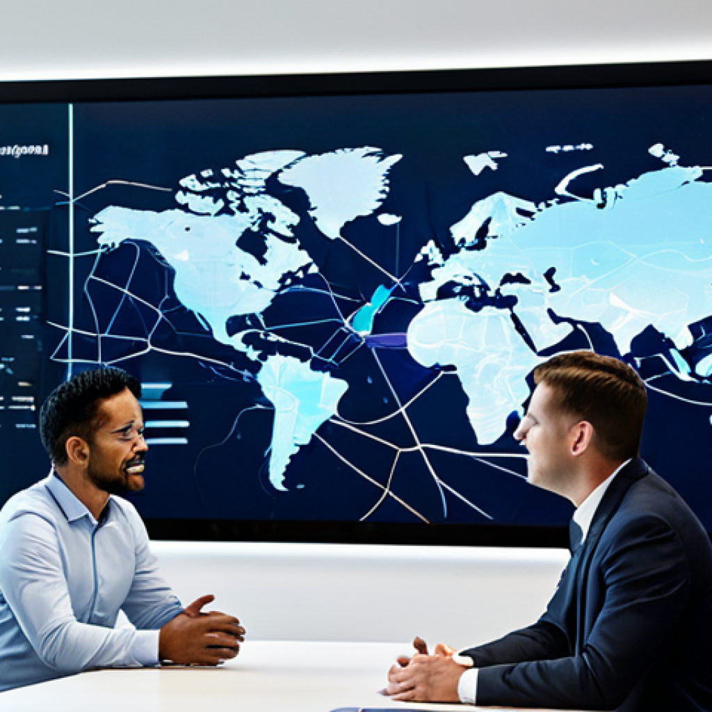 A diverse group of professional individuals, fully clothed in modest business attire, engaged in a collaborative discussion around a large, transparent digital display that shows flowing data streams and interconnected global maps. The setting is a futuristic, clean, and brightly lit international conference room with sleek modern furniture, subtly suggesting global connectivity and digital infrastructure. Perfect anatomy, well-formed hands, natural body proportions, natural pose, professional photography, high resolution, realistic, appropriate content, safe for work, family-friendly.