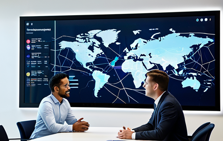 A diverse group of professional individuals, fully clothed in modest business attire, engaged in a collaborative discussion around a large, transparent digital display that shows flowing data streams and interconnected global maps. The setting is a futuristic, clean, and brightly lit international conference room with sleek modern furniture, subtly suggesting global connectivity and digital infrastructure. Perfect anatomy, well-formed hands, natural body proportions, natural pose, professional photography, high resolution, realistic, appropriate content, safe for work, family-friendly.