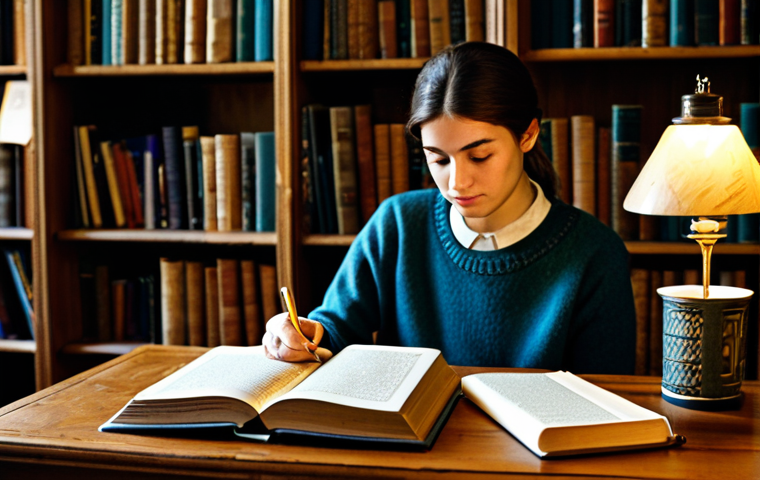 디지털 일몰 프로토콜의 사회적 영향 - Analog Revival**

"A cozy library scene with warm lighting, featuring a young woman reading a physic...