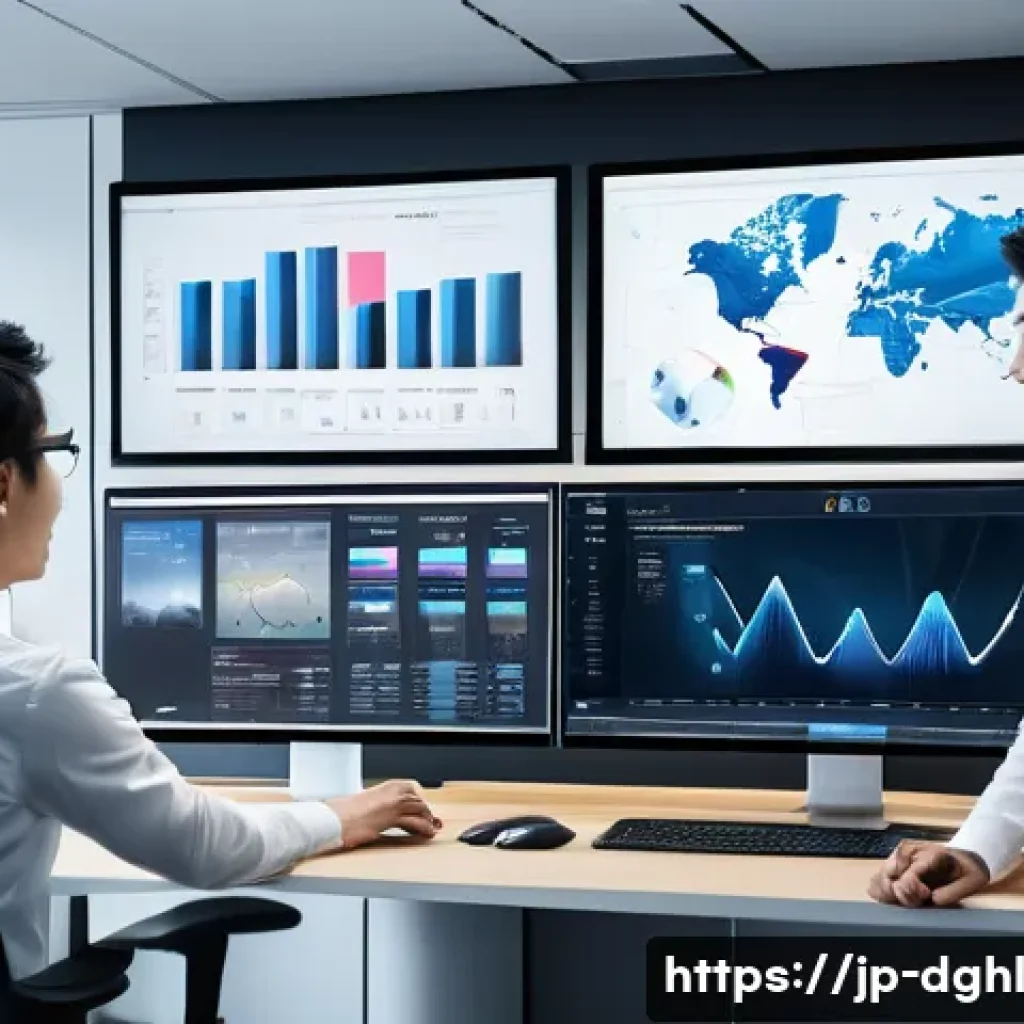 디지털 일몰 프로토콜의 디지털 전략 - A modern Japanese office environment with diverse professionals collaborating over a digital asset m...