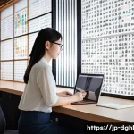 디지털 일몰 프로토콜의 성공 사례 - A modern Japanese office scene focused on digital data management: a sleek, bright workspace with a ...