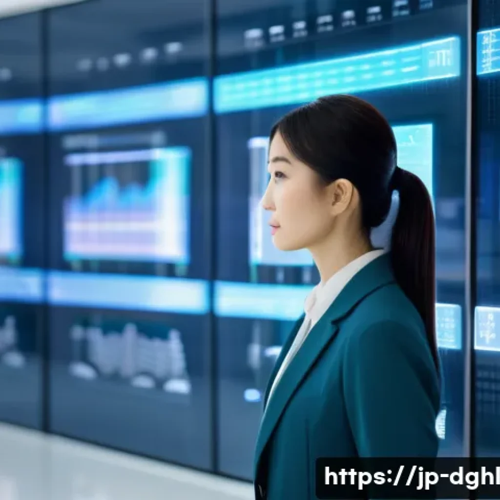 디지털 일몰 프로토콜과 데이터 가치 창출 - A modern Japanese office scene showing a professional woman in business attire analyzing digital dat...