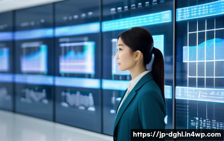 디지털 일몰 프로토콜과 데이터 가치 창출 - A modern Japanese office scene showing a professional woman in business attire analyzing digital dat...