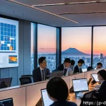 디지털 일몰 프로토콜의 이해관계자 분석 - A modern Japanese office scene during sunset, showing a diverse group of professionals collaborating...