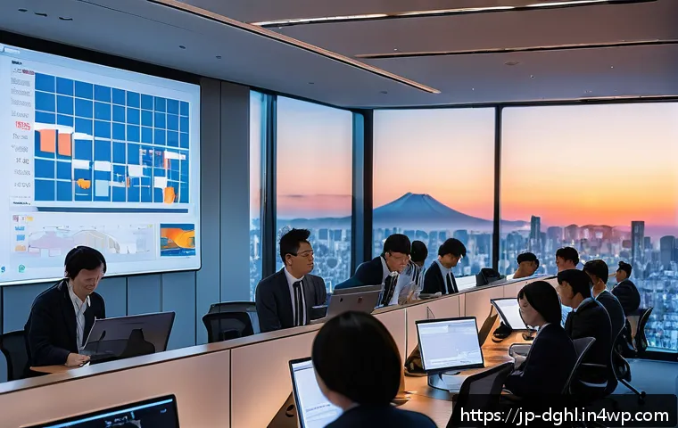 디지털 일몰 프로토콜의 이해관계자 분석 - A modern Japanese office scene during sunset, showing a diverse group of professionals collaborating...