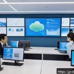 디지털 일몰 프로토콜의 데이터 전환 전략 - A modern Japanese office environment with diverse professionals collaborating on digital data migrat...