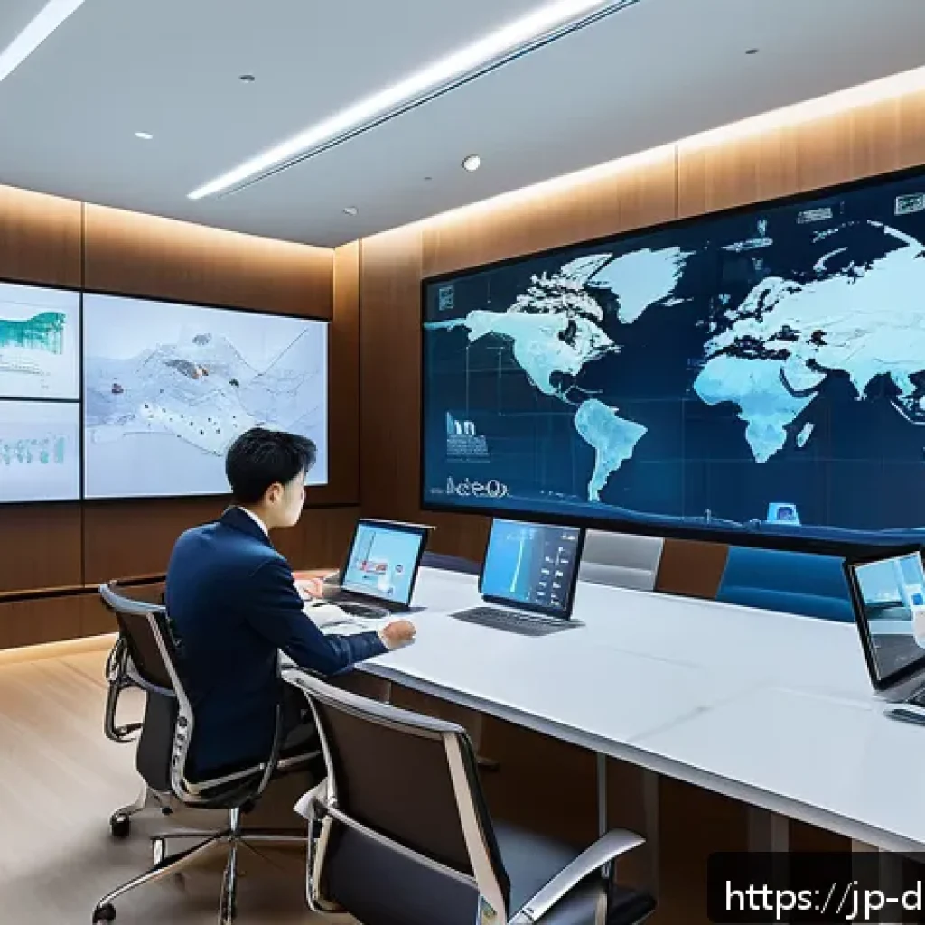 디지털 일몰 프로토콜과 혁신 생태계 - A modern corporate office setting with diverse Japanese professionals collaborating around a large d...