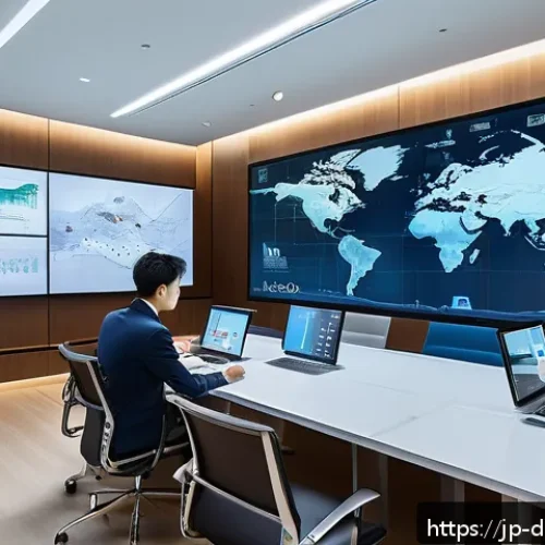 디지털 일몰 프로토콜과 혁신 생태계 - A modern corporate office setting with diverse Japanese professionals collaborating around a large d...