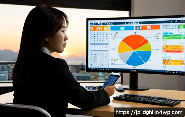 디지털 일몰 프로토콜의 성과 측정 도구 - Photorealistic Japanese office at dusk, a middle-aged professional reviewing a clean digital dashboa...