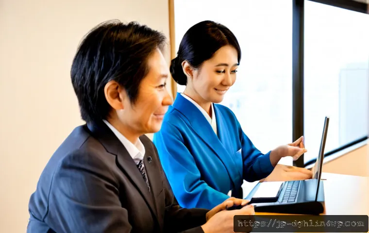 디지털 일몰 프로토콜의 고객 중심 접근법 - Photorealistic Japanese customer support specialist warmly assisting an older Japanese couple at a c...
