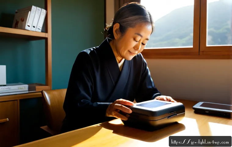 디지털 일몰 프로토콜의 지속 가능성 - Photorealistic modern Japanese home office at golden sunset, an older adult calmly organizing a smal...