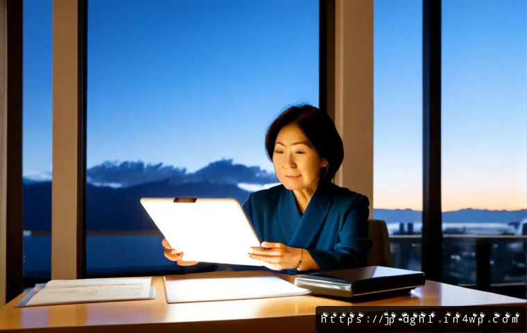디지털 일몰 프로토콜의 운영 원리 - Photorealistic modern Japanese home office at blue-hour dusk, an older Japanese woman calmly reviewi...