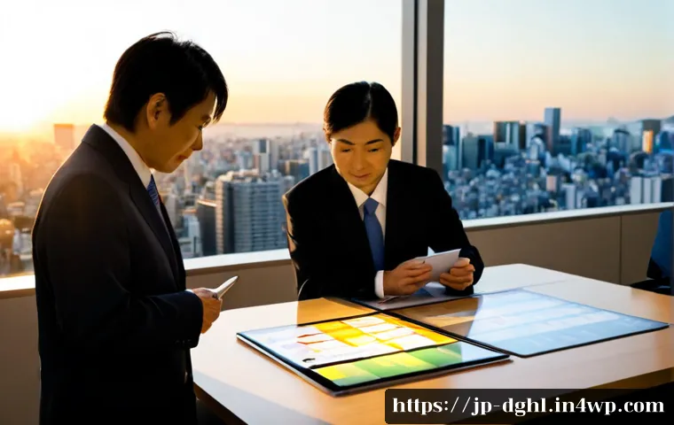 디지털 일몰 프로토콜과 경영 전략 - Photorealistic Japanese corporate strategy meeting in a modern Tokyo office at sunset, diverse senio...